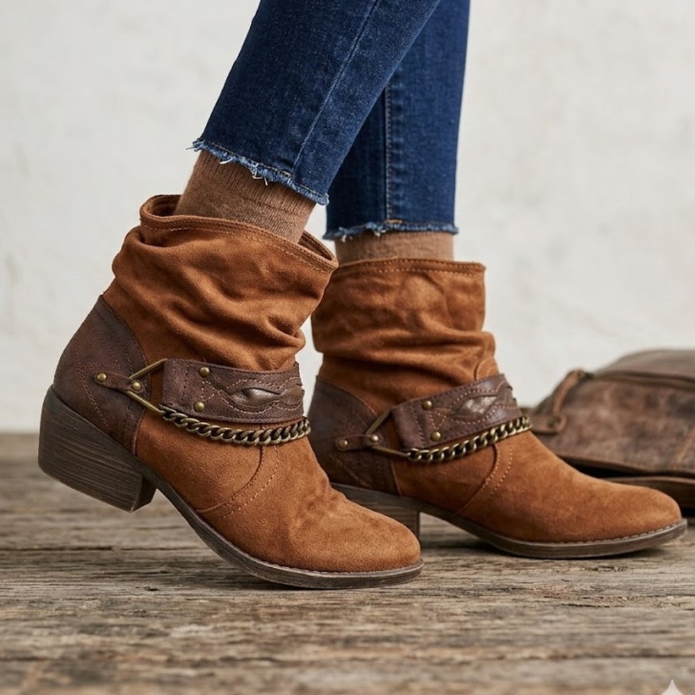 Bongo Baja Ankle Boots Brown Slouchy Chain Detail Size 8.5 Western Bootie